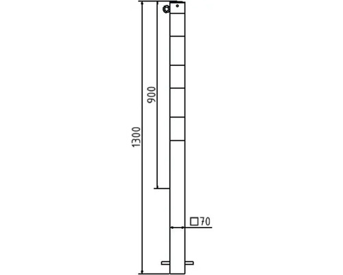 Technische tekening van een paal met afmetingen van 1300 mm totale hoogte, 900 mm tot de eerste plank en 70 mm paaldikte