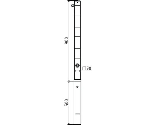 Technische tekening van een metalen paal met afmetingen