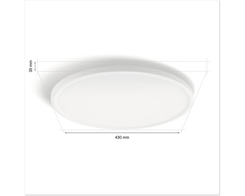 Ronde plafondlamp met afmetingen 430 bij 30 millimeter.