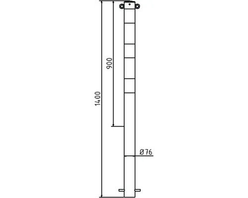 Technische tekening van een paal met afmetingen van 1400 mm totale lengte, 900 mm tot aan de bovenste houder en een diameter van 76 mm.