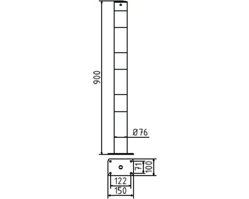 Technische tekening van een afsluitpaal met afmetingen.