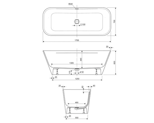 Technische tekening van een badkuip met afmetingen