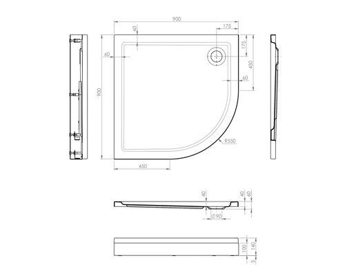 Technische tekening van een douchebak met afmetingen