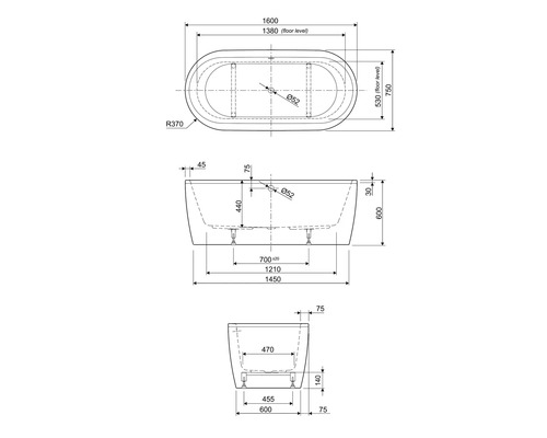Technische tekening van een badkuip met afmetingen