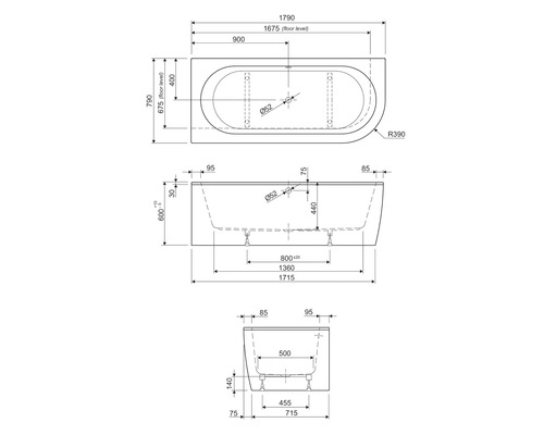 Technische tekening van een badkuip met afmetingen