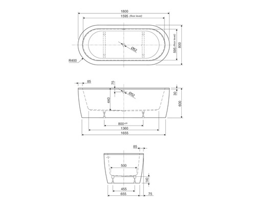 Technische tekening van een badkuip met afmetingen