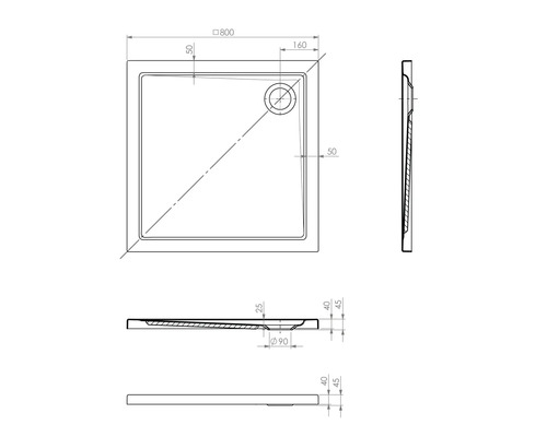 Technische tekening van een vierkante douchebak met afmetingen