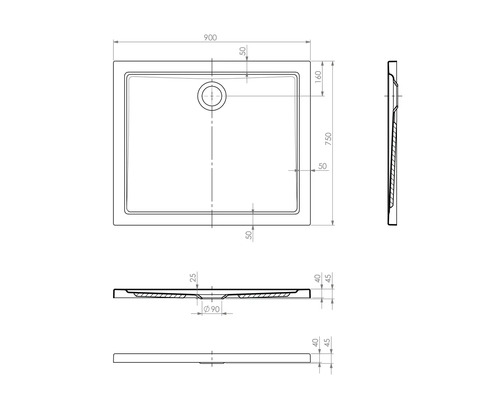 Technische tekening van een douchebak met afmetingen
