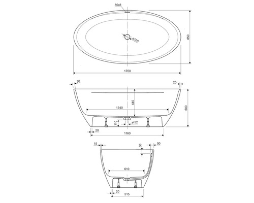 Technische tekening van een vrijstaand bad met maatvoering.