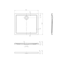 Technische tekening van een douchebak met afmetingen.