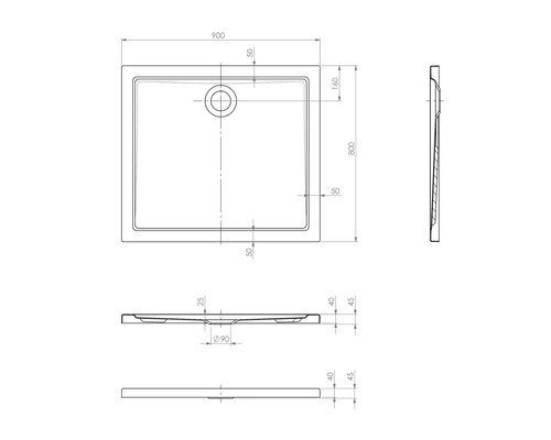 Technische tekening van een douchebak met afmetingen.