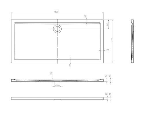 Technische tekening van een douchebak met afmetingen