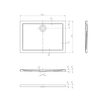 Technische tekening van een douchebak met afmetingen.