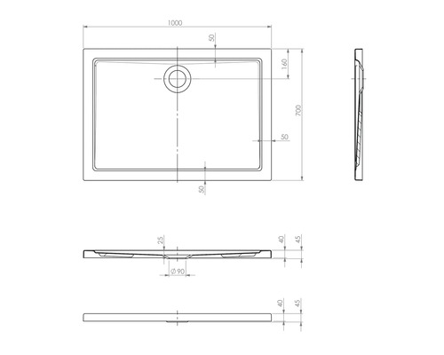 Technische tekening van een douchebak met afmetingen.