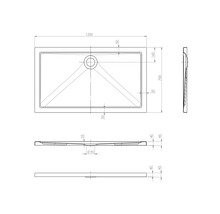 Technische tekening van een douchebak met afmetingen