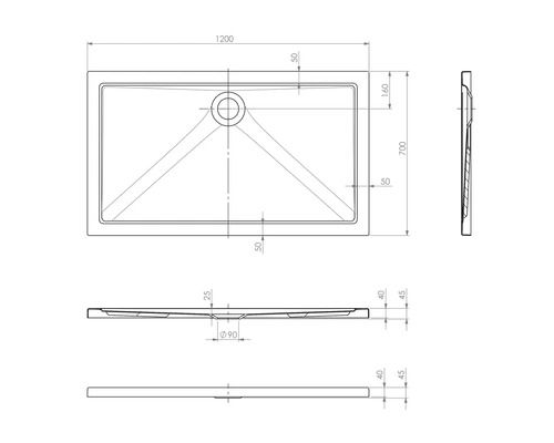 Technische tekening van een douchebak met afmetingen