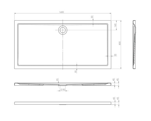 Technische tekening van een douchebak met afmetingen 1600 x 800 mm.
