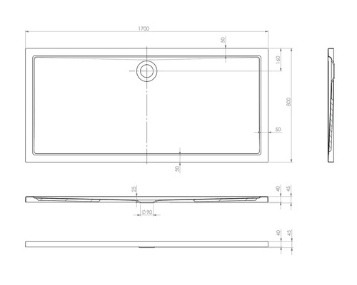 Technische tekening van een douchebak met afmetingen