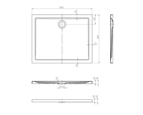 Technische tekening van een douchebak met afmetingen