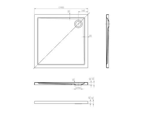 Technische tekening van een douchebak met afmetingen