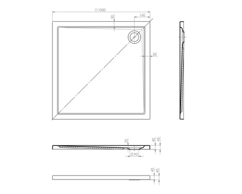 Technische tekening van een douchebak met afmetingen