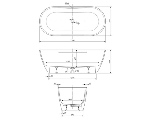 Technische tekening van een vrijstaand bad met afmetingen