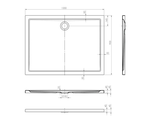 Technische tekening van een douchebak met maatvoering.