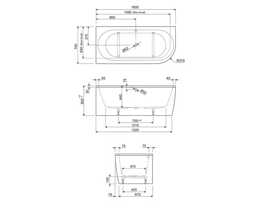 Technische tekening van een badkuip met maatvoering