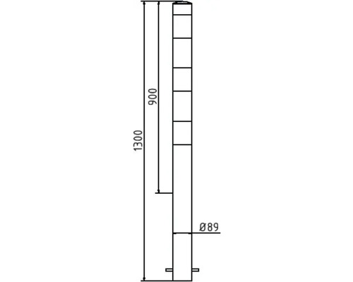 Technische tekening van een paal met afmetingen van 1300 mm lengte en 89 mm diameter