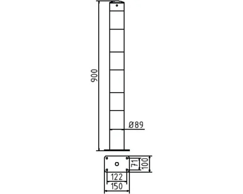 Technische tekening van een stalen paal met afmetingen 900 mm hoog en 89 mm diameter.