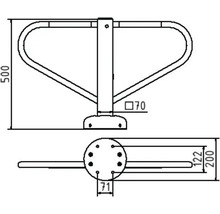 Technische tekening van een fietsaanleunbeugel met maatvoering