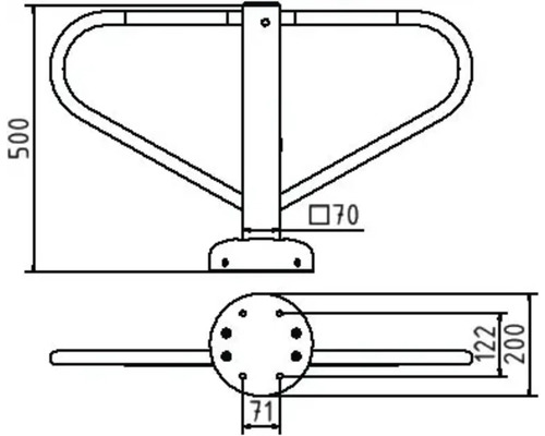 Technische tekening van een fietsaanleunbeugel met maatvoering