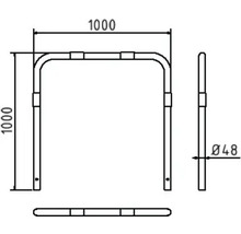 Technische tekening van een aanleunbeugel met de afmetingen 1000 x 1000 mm en een diameter van 48 mm.