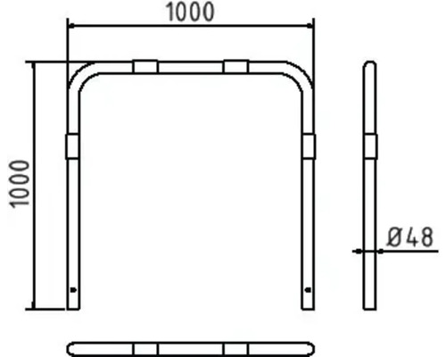 Technische tekening van een aanleunbeugel met de afmetingen 1000 x 1000 mm en een diameter van 48 mm.