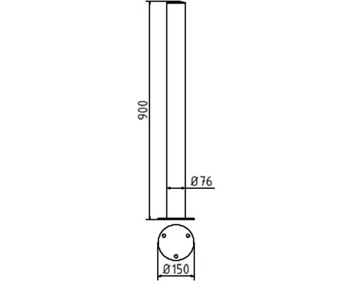 Technische tekening van een paal met afmetingen van 900 mm hoogte en 76 mm diameter.