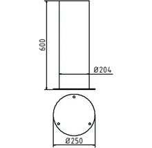 Technische tekening van een cilindrisch product met een hoogte van 600 en diameters van 204 en 250