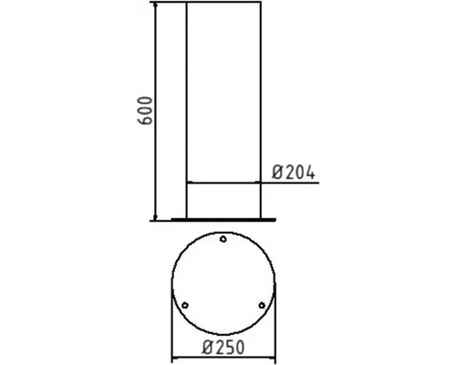Technische tekening van een cilindrisch product met een hoogte van 600 en diameters van 204 en 250