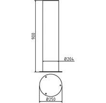 Technische tekening van een cilinder met afmetingen van 900 mm hoog, 204 mm bovenste diameter en 250 mm onderste diameter.