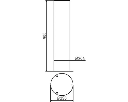 Technische tekening van een cilinder met afmetingen van 900 mm hoog, 204 mm bovenste diameter en 250 mm onderste diameter.