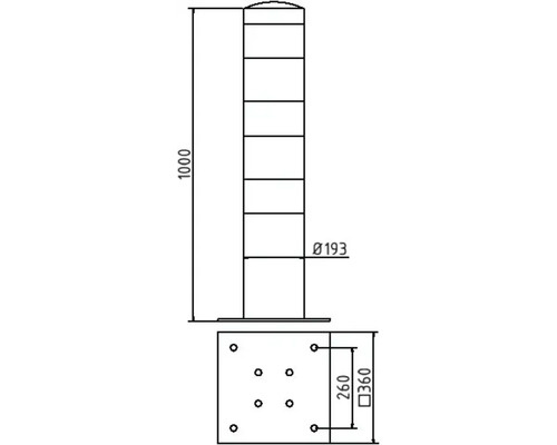 Technische tekening van een paal met afmetingen van 1000 mm hoog en 193 mm in diameter