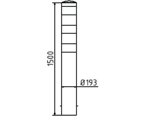 Technische tekening van een bolder met de afmetingen 1500 mm hoogte en 193 mm diameter.