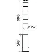 Technische tekening van een bolder met afmetingen van 1000 mm hoogte, 152 mm diameter en 500 mm voetstukhoogte.