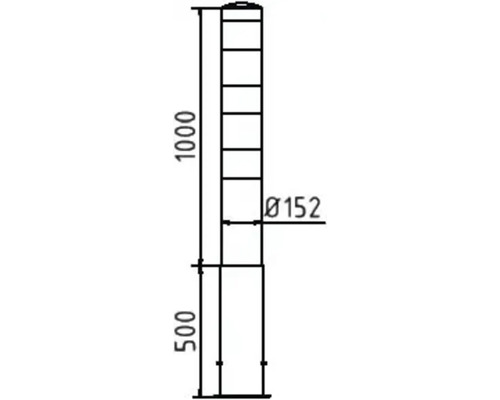 Technische tekening van een bolder met afmetingen van 1000 mm hoogte, 152 mm diameter en 500 mm voetstukhoogte.