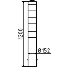 Technische tekening van een afzetpaal met de afmetingen 1200 mm hoogte en 152 mm diameter
