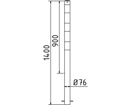 Technische tekening van een paal met afmetingen van 1400 mm hoogte en 76 mm diameter.
