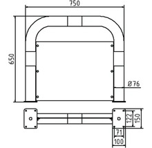 Technische tekening van een aanleunbeugel met afmetingen