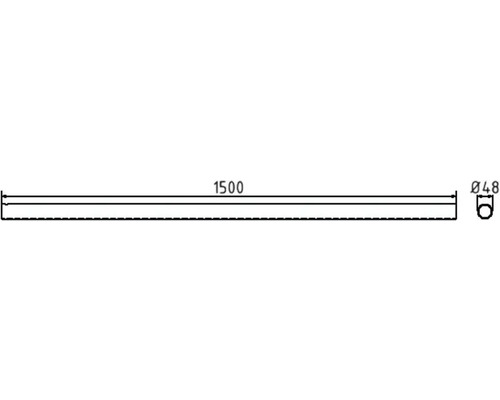 Technische tekening van een metalen buis met de afmetingen 1500 millimeter lengte en 48 millimeter diameter.