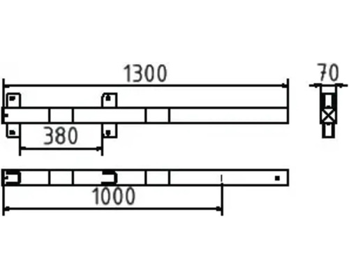 Technische tekening met maatvoering: lengte 1300 mm, afstand 380 mm, lengte 1000 mm, breedte 70 mm