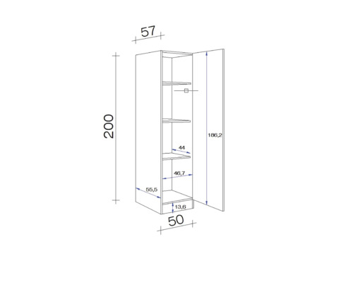 Technische tekening van een hoge kast met afmetingen