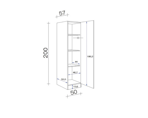Technische tekening van een hoge kast met afmetingen